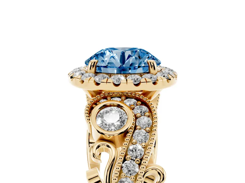 Fancy Blue Round Cut Diamond Halo Ring Set in Yellow gold with Milgrain Pavé Band and Prong Setting