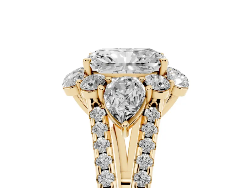 Radiant Cut Diamond Halo Split Shank Engagement Ring Set in Yellow gold with Prong-Held Center Stone