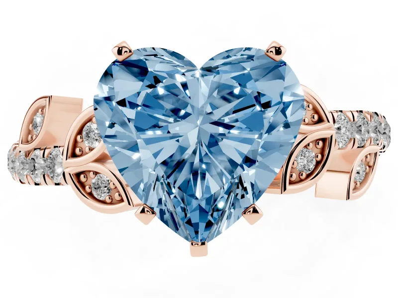 Fancy Blue Heart Cut Diamond Solitaire Leaf-Inspired Ring Set in Rose gold with Pavé Band and Prong Setting