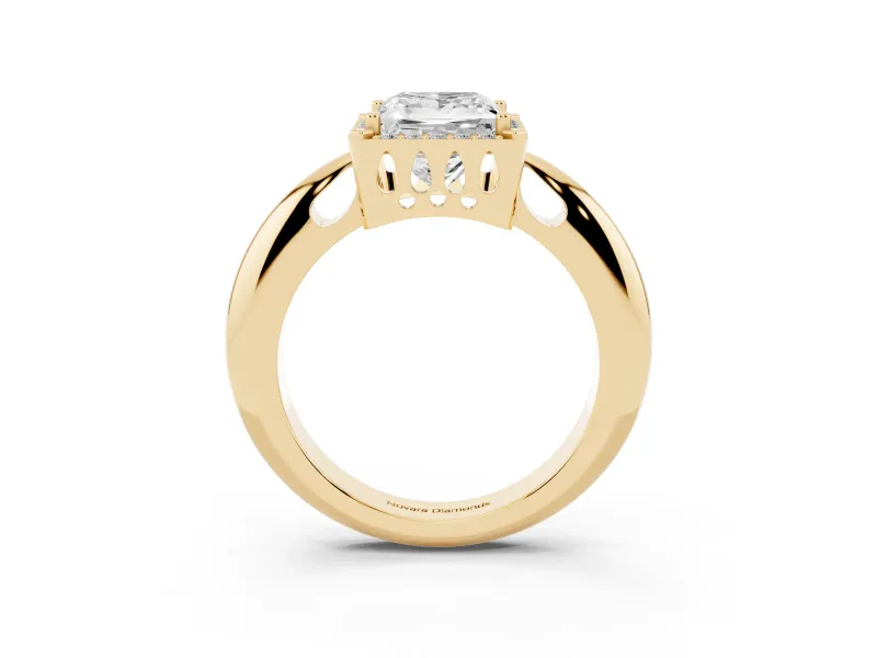 Princess Cut Diamond Halo Engagement Ring Set in Yellow gold with Plain Split Shank and Prong Setting