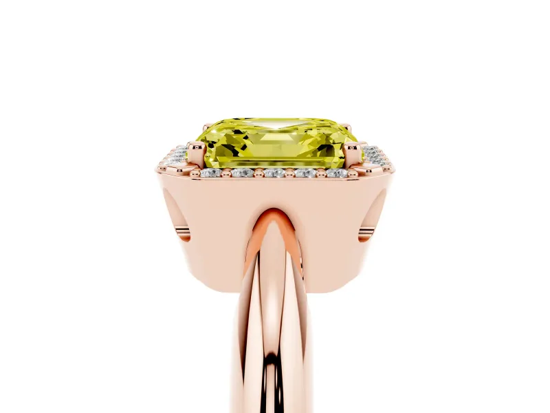 Fancy Yellow Asscher Cut Diamond Halo Engagement Ring Set in Rose gold with Plain Split Shank and Prong Setting