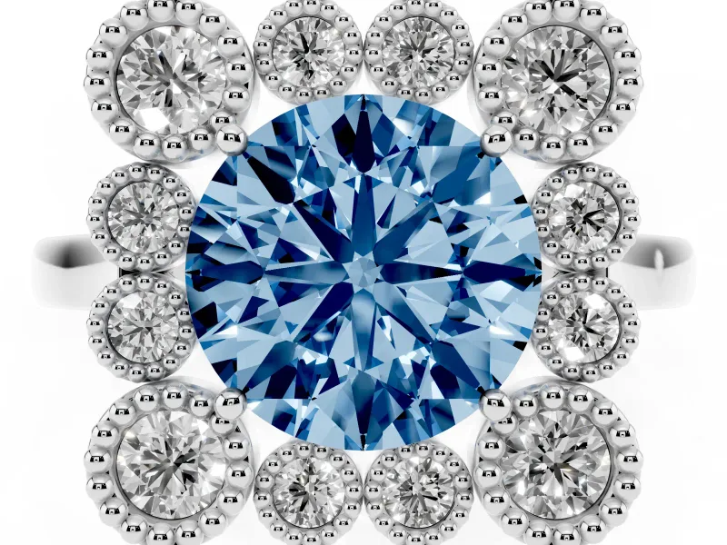 Round Milgrain Cluster Halo Engagement Ring Setting for a Fancy Blue Lab-Grown Diamond | Plain Band | Platinum
