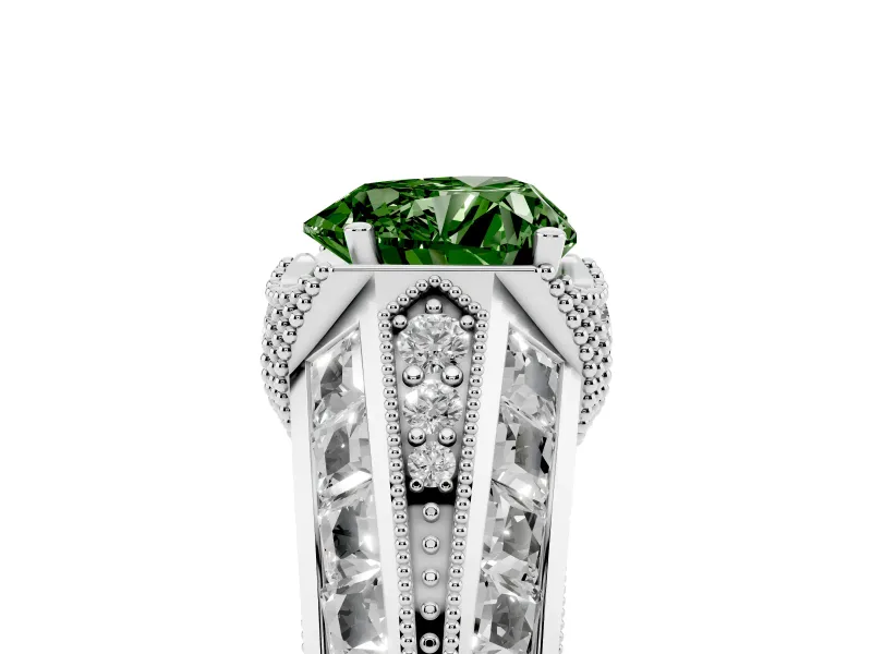 Fancy Green Heart Cut Diamond Vintage-Inspired Milgrain Ring Set in White gold with Accent Split Shank