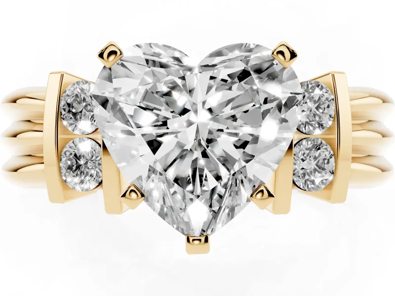 Three-Stone Heart Cut Diamond Channel Set Ring Set in Yellow gold with Bar Prongs