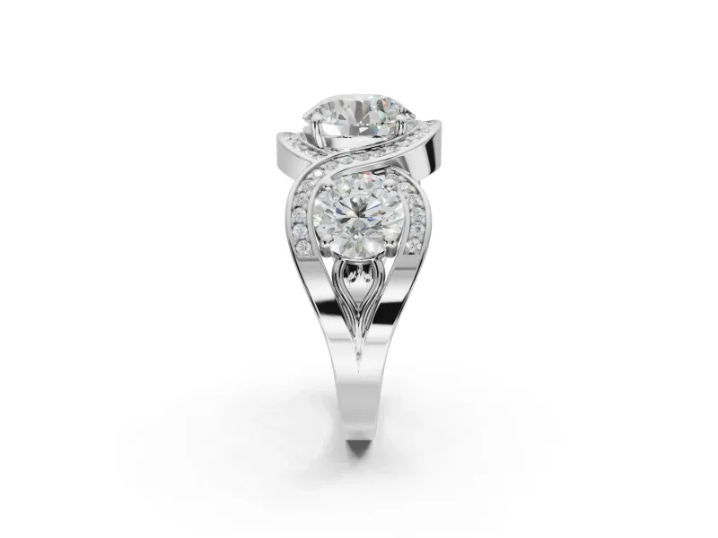 Round Three Stone Halo Engagement Ring Setting | Pavé Wave Band | Sterling Silver
