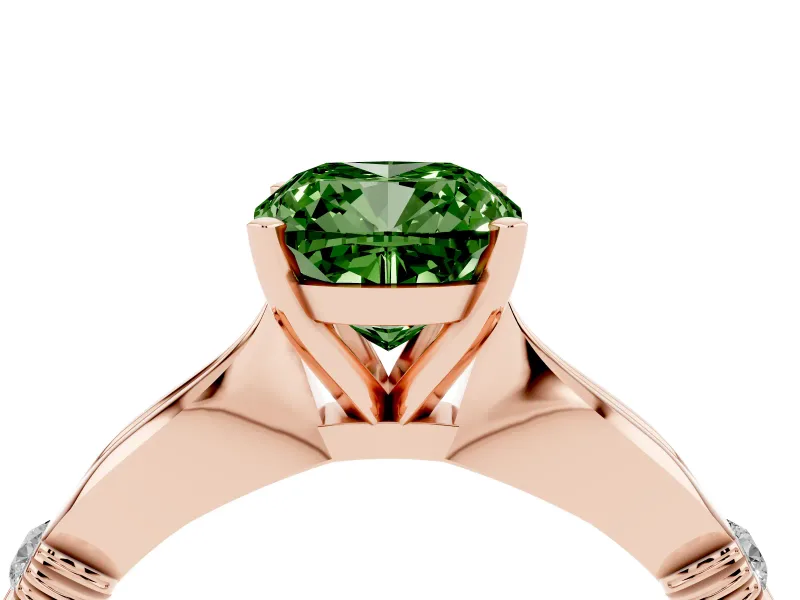 Fancy Green Cushion Cut Diamond Solitaire Twisted Band Ring Set in Rose gold with Accent Stones and Prong Setting