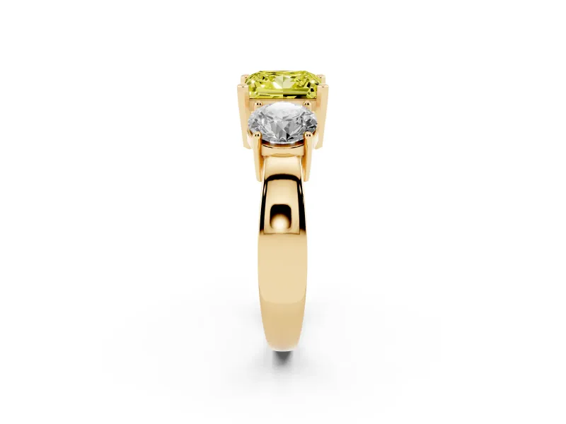 Princess Cut Three Stone Engagement Ring Setting for a Fancy Yellow Lab-Grown Diamond | Wide Plain Band | Yellow Gold
