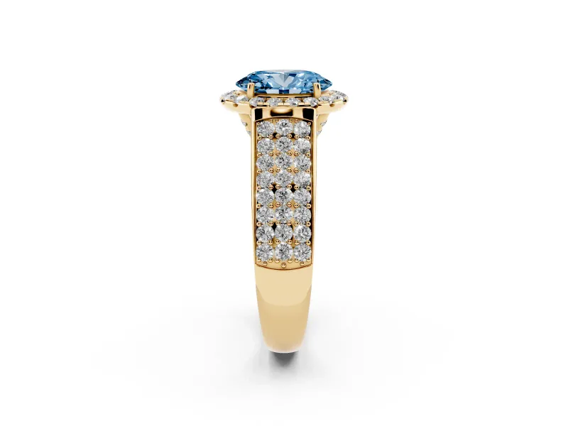 Fancy Blue Oval Cut Diamond Halo Ring Set in Yellow gold with Pavé Band and Raised Center Setting