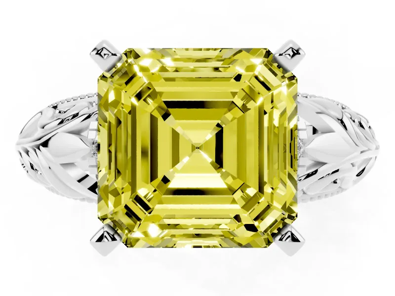 Fancy Yellow Asscher Cut Diamond Filigree Halo Engagement Ring Set in White gold with Prong Setting