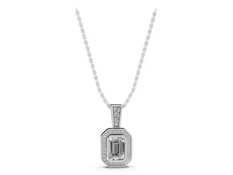Emerald Cut Lab-Grown Diamond Pavé Halo Pendant Necklace | Graduated Pavé Bail | White Gold