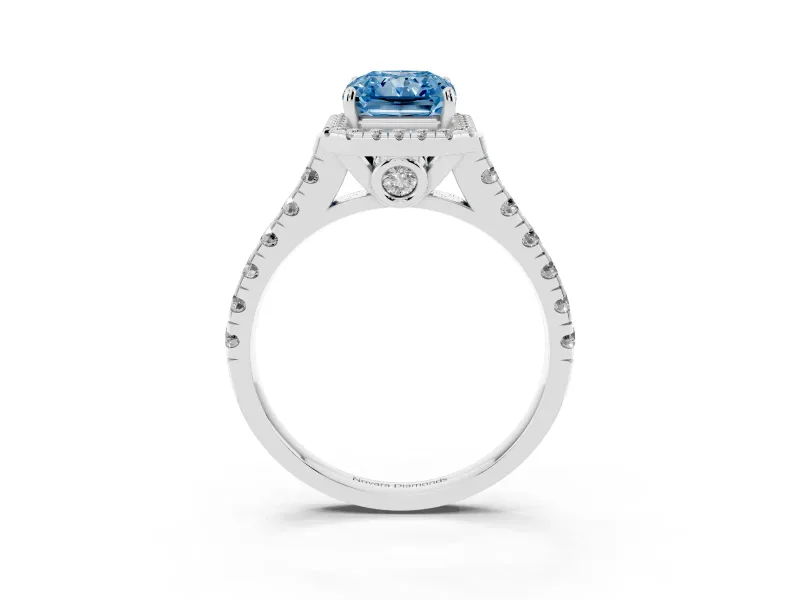 Radiant Cut Halo Engagement Ring Setting for a Fancy Blue Lab-Grown Diamond | Shared Prong Shoulders | Sterling Silver
