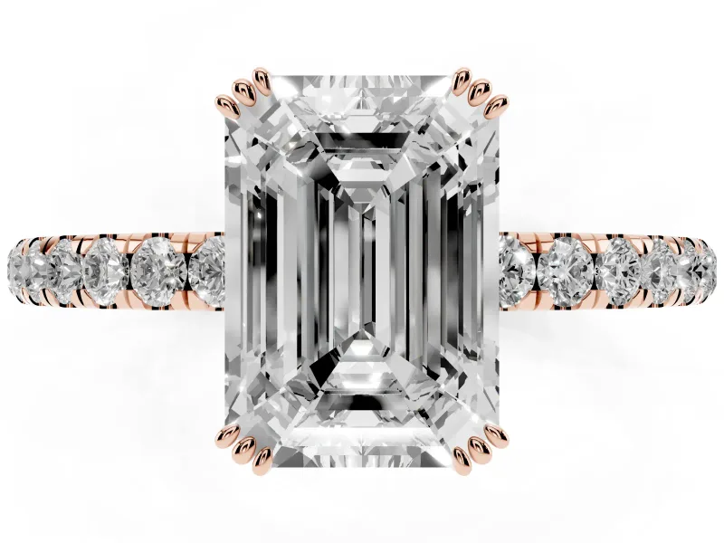 Emerald Cut Pave Solitaire Engagement Ring Setting | Double Claw Prongs | Rose Gold