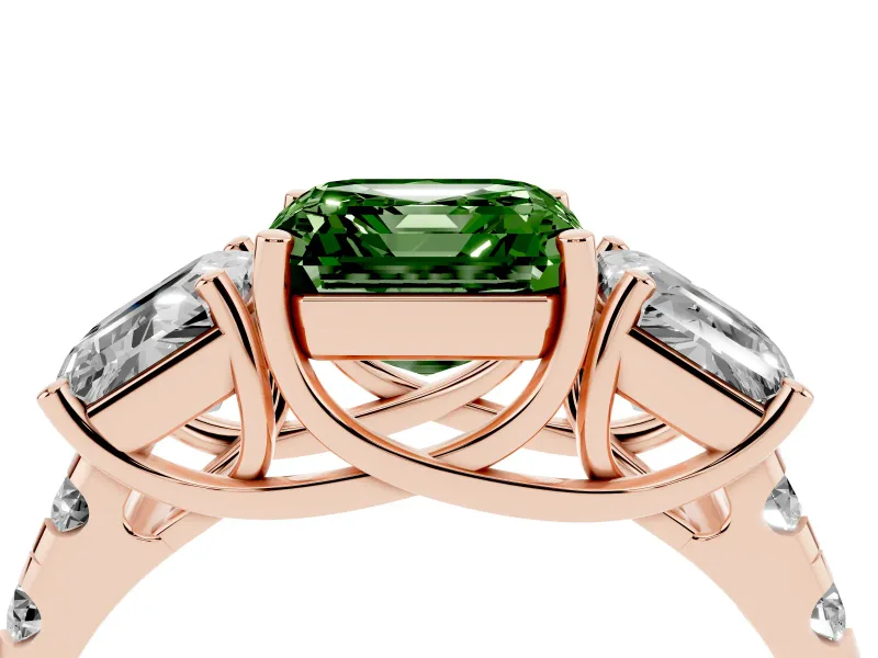 Asscher Cut Three Stone Engagement Ring Setting for a Fancy Green Lab-Grown Diamond | Accented Shoulders | Rose Gold