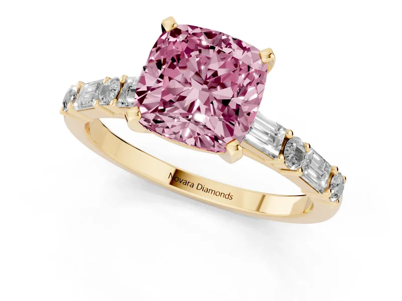 Fancy Pink Cushion Cut Diamond Solitaire Set in Yellow gold with Side Baguettes and Channel Set Band