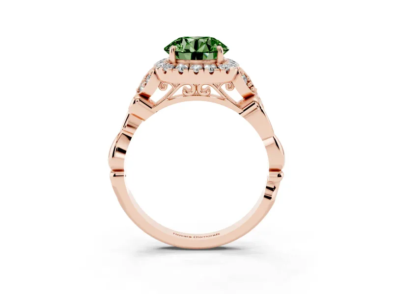 Round Halo Engagement Ring Setting for a Fancy Green Lab-Grown Diamond | Leaf Shoulders | Rose Gold