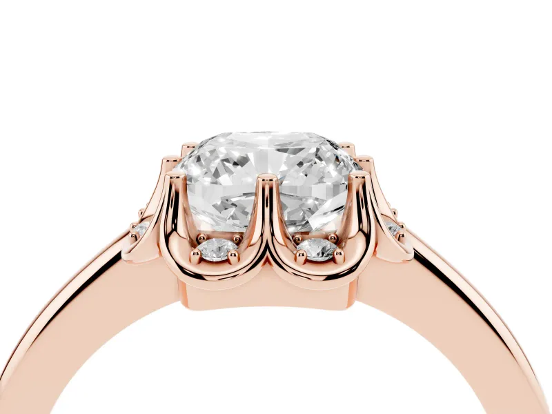 Cushion Cut Scalloped Petal Halo Engagement Ring Setting | Plain Band | Rose Gold