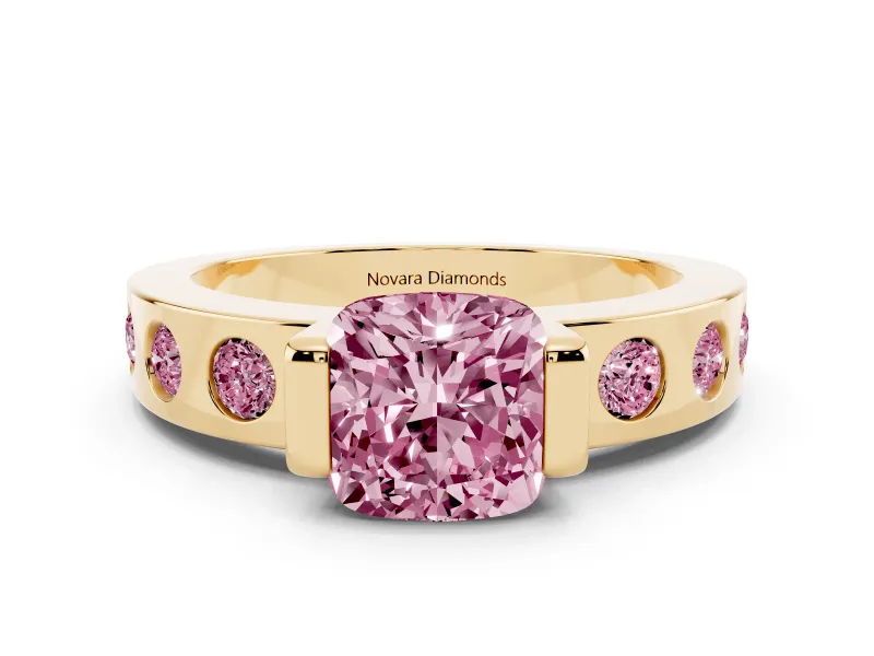 Fancy Pink Cushion Cut Diamond Channel-Set Band Ring Set in Yellow gold with Bezel Prong Setting