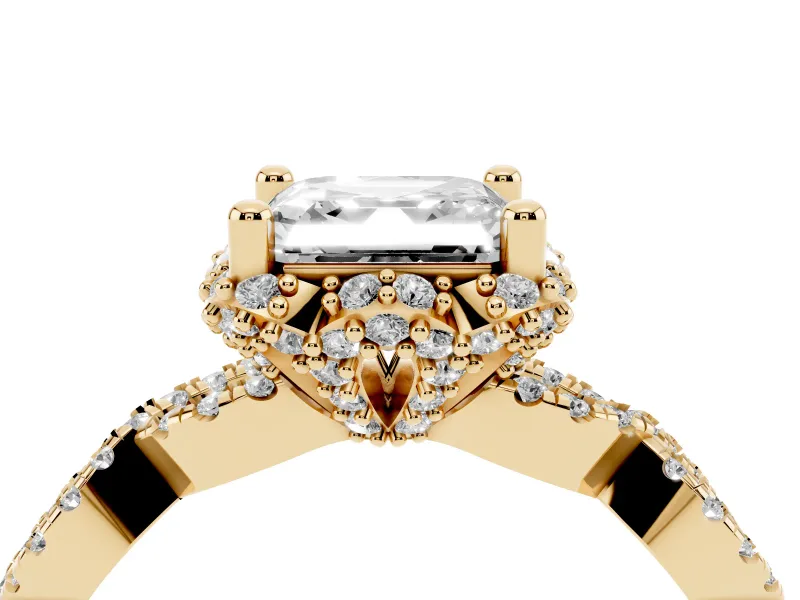 Asscher Cut Diamond Halo Twist Band Solitaire Ring Set in Yellow gold with Prong-Set Center Stone