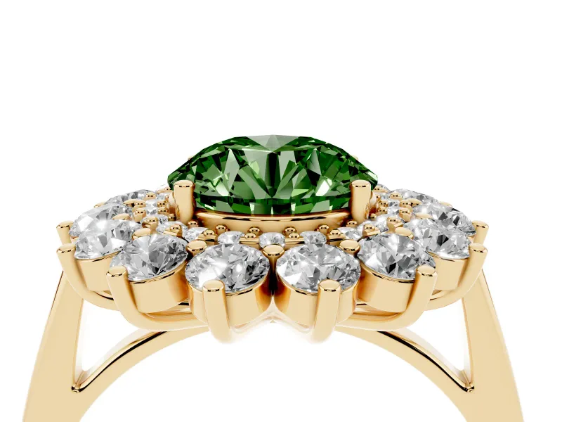 Round Floral Double Halo Engagement Ring Setting for a Fancy Green Lab-Grown Diamond | Plain Band | Yellow Gold