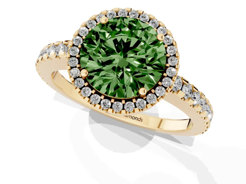 Round Pave Halo Engagement Ring Setting for a Fancy Green Lab-Grown Diamond | Yellow Gold