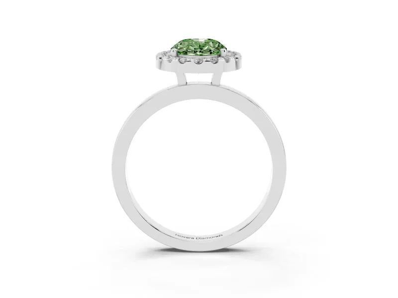 Fancy Green Oval Cut Diamond Halo Solitaire Ring Set in Silver with Pavé Band and Prong Setting