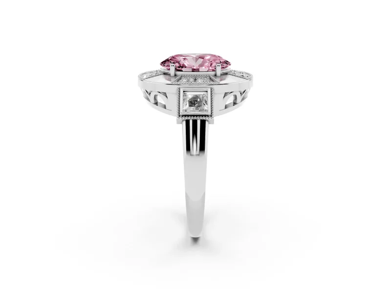 Fancy Pink Oval Cut Diamond Milgrain Halo Ring Set in Platinum with Split Shank