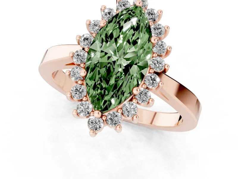 Fancy Green Marquise Cut Diamond Halo Ring Set in Rose gold with Round Halo and Smooth Solitaire Band