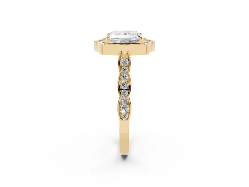 Princess Cut Vintage Scalloped Halo Engagement Ring Setting | Pave Band | Yellow Gold
