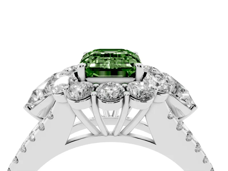 Fancy Green Emerald Cut Diamond Halo Split Shank Engagement Ring Set in White gold with Prong-Held Center Stone