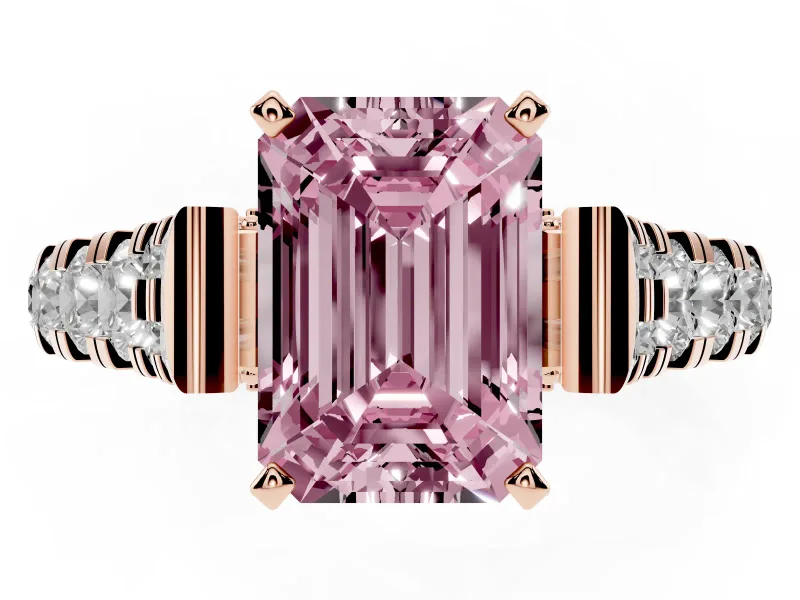 Fancy Pink Emerald Cut Diamond Classic Solitaire Ring Set in Rose gold with Pavé Band and Prong Setting