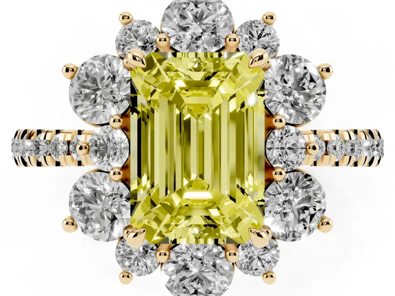 Emerald Cut Star Floral Halo Engagement Ring Setting for a Fancy Yellow Lab-Grown Diamond | Yellow Gold