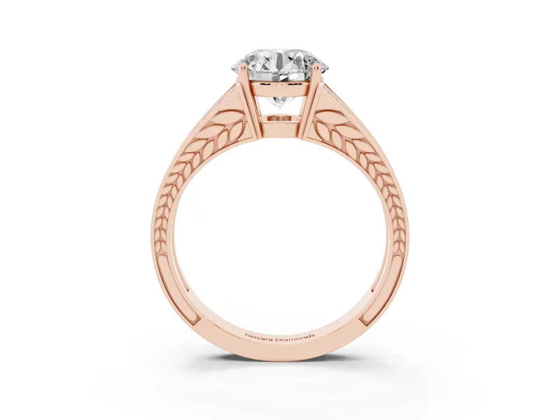 Round Cut Diamond Split Shank Ring Set in Rose gold with Pavé Band and Prong Setting