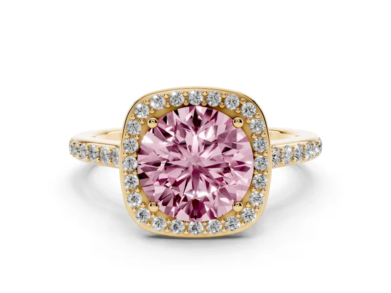Fancy Pink Round Cut Diamond Halo Engagement Ring Set in Yellow gold with Round Pavé Shoulders and Heart Gallery
