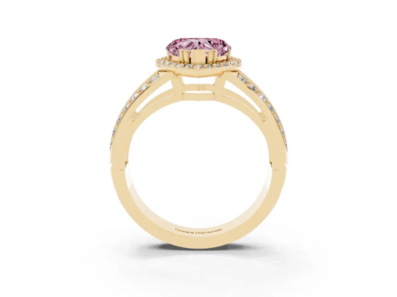 Heart-Shaped Halo Engagement Ring Setting for a Fancy Pink Lab-Grown Diamond | Two-Row Pave Split Shank | Yellow Gold
