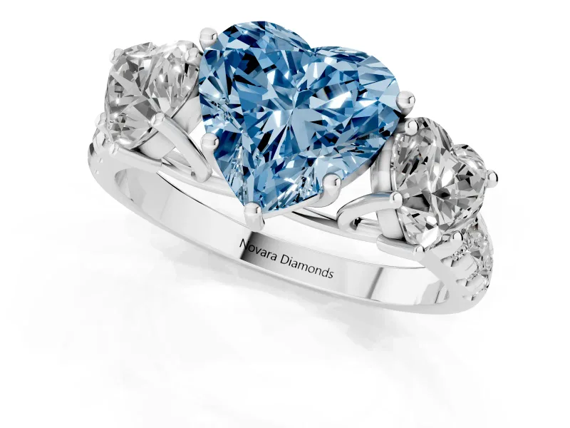Fancy Blue Heart Cut Diamond Three-Stone Ring Set in Silver with Pavé Band