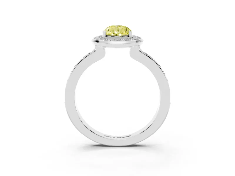 Fancy Yellow Pear Cut Diamond Halo Ring Set in White gold with Bezel Frame and Pavé Band