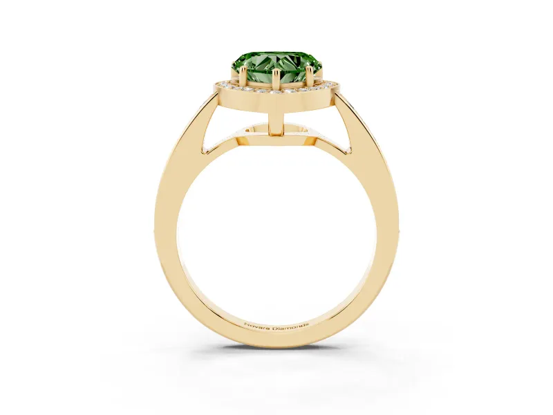 Fancy Green Heart Cut Diamond Halo Pavé Engagement Ring Set in Yellow gold with Bezel Setting