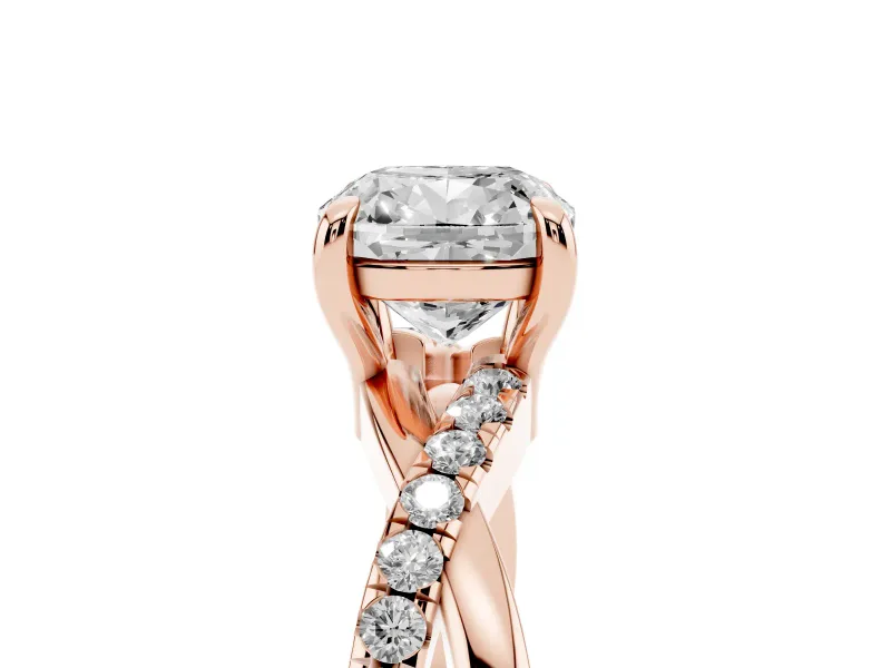 Cushion Cut Diamond Twist Band Solitaire Set in Rose gold with Pavé Accents and Prong Setting