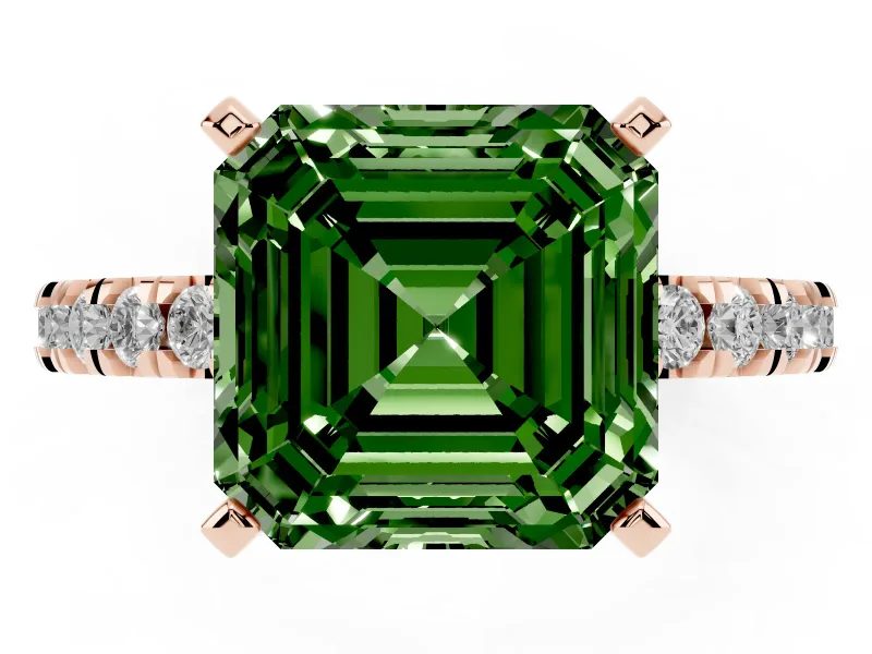 Fancy Green Asscher Cut Diamond Pavé Band Solitaire Set in Rose gold with Prong Setting