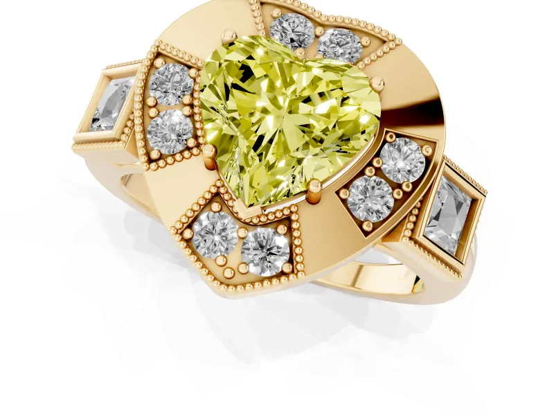 Fancy Yellow Heart Cut Diamond Milgrain Halo Ring Set in Yellow gold with Split Shank