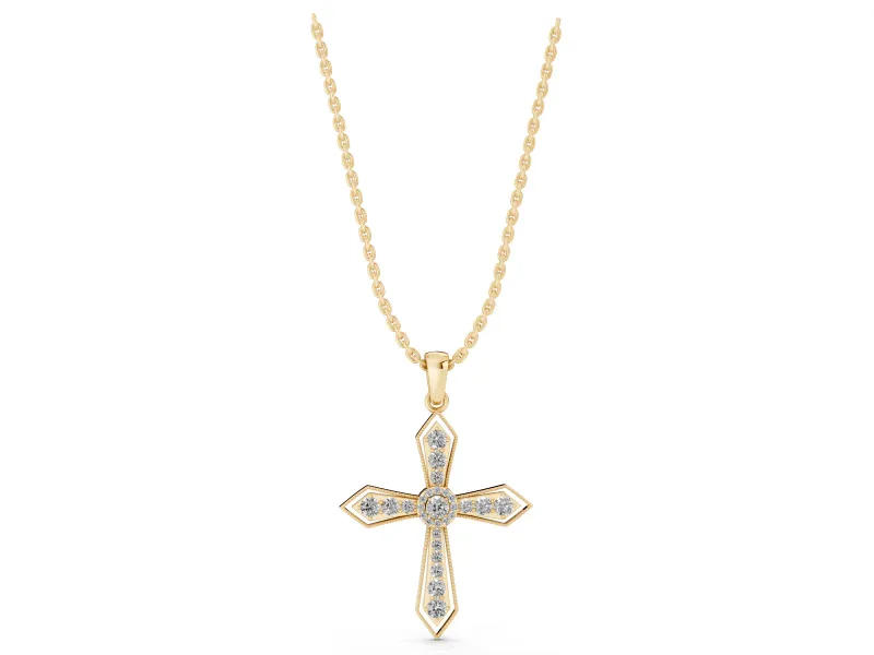 Round Lab-Grown Diamond Vintage Milgrain Cross Pendant Necklace | Pointed Arms | Yellow Gold