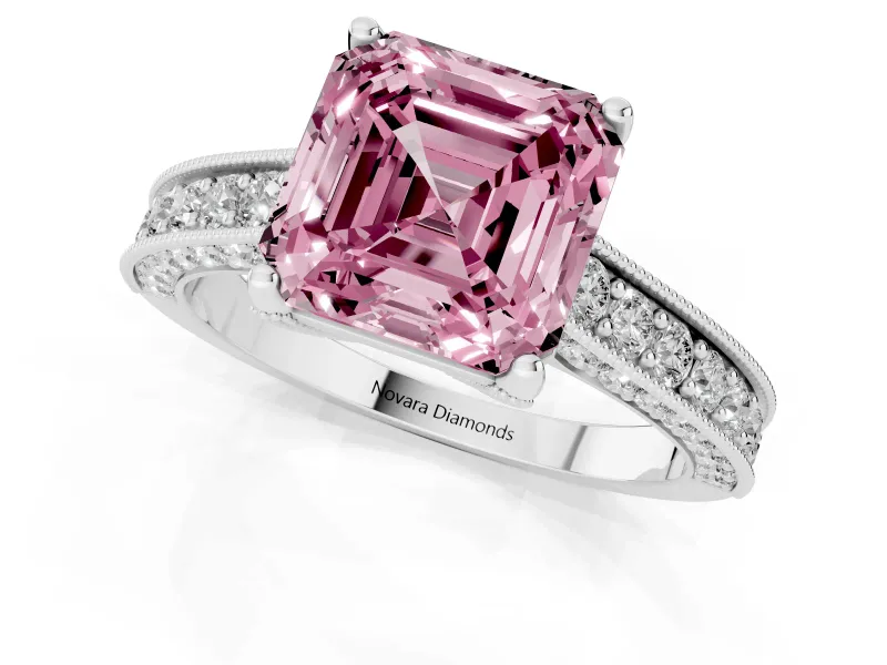 Asscher Cut Hidden Halo Engagement Ring Setting for a Fancy Pink Lab-Grown Diamond | Milgrain Pave | White Gold