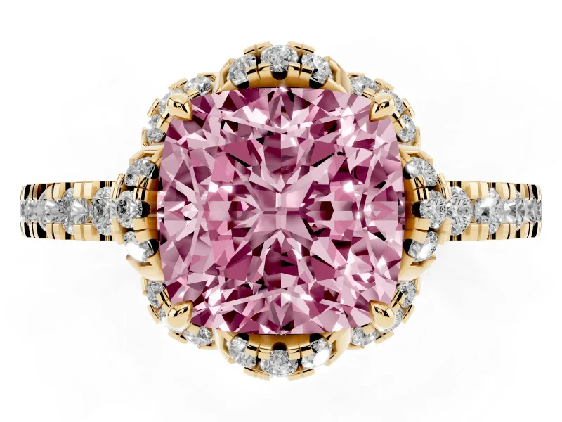 Cushion Cut Floral Petal Halo Engagement Ring Setting for a Fancy Pink Lab-Grown Diamond | Pavé Band | Yellow Gold