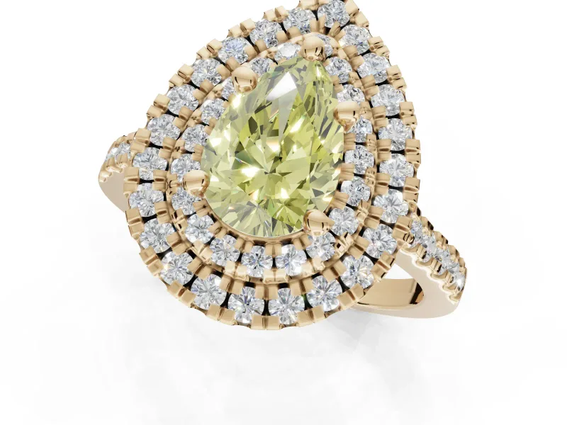 Canary Yellow Pear-Shaped Lab-Grown Diamond Double Halo Statement Ring Set in Yellow Gold with Pavé Band