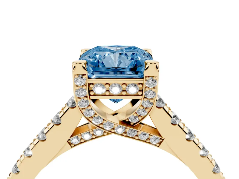 Radiant Cut Hidden Halo Pave Engagement Ring Setting for a Fancy Blue Lab-Grown Diamond | Claw Prongs | Yellow Gold