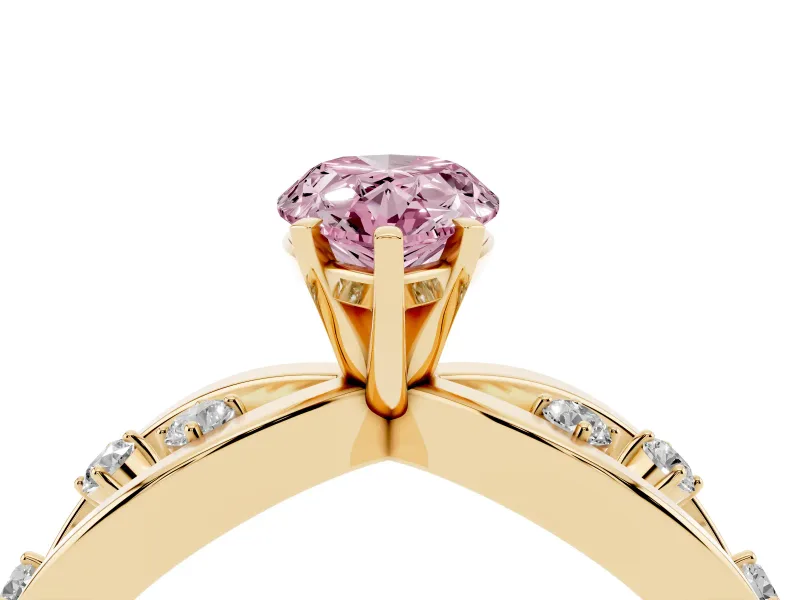 Fancy Pink Pear Cut Diamond Solitaire Ring Set in Yellow gold with Side Stones on Criss-Cross Band and Prong Setting