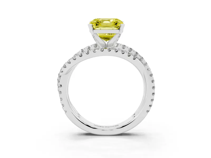 Fancy Yellow Asscher Cut Diamond Solitaire Twist Band Ring Set in White gold with Pavé Setting and Prong Head
