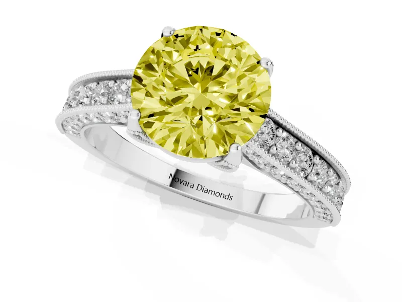 Round Hidden Halo Engagement Ring Setting for a Fancy Yellow Lab-Grown Diamond | Milgrain Pave | Sterling Silver