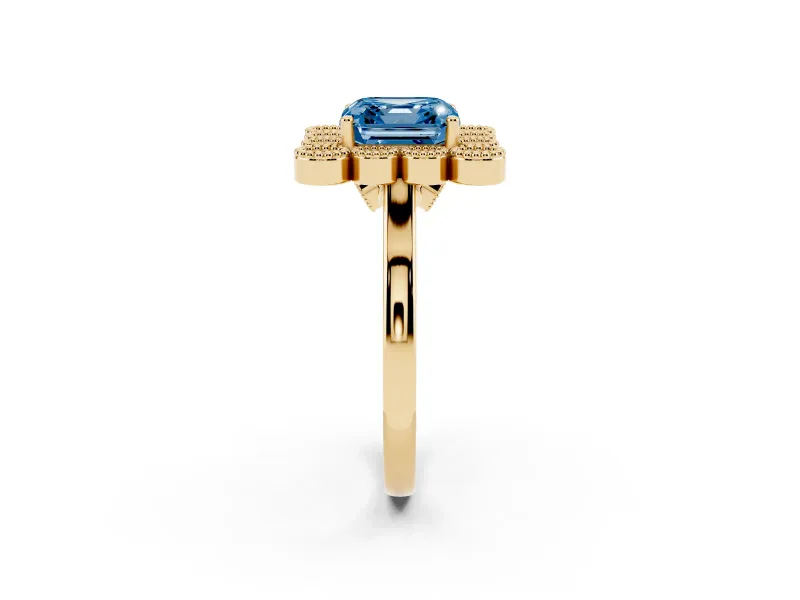 Asscher Cut Milgrain Cluster Halo Engagement Ring Setting for a Fancy Blue Lab-Grown Diamond | Plain Band | Yellow Gold