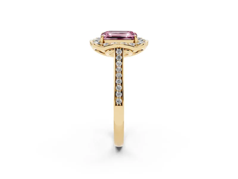 Emerald Cut Petal Tip Halo Engagement Ring Setting for a Fancy Pink Lab-Grown Diamond | Pavé Band | Yellow Gold